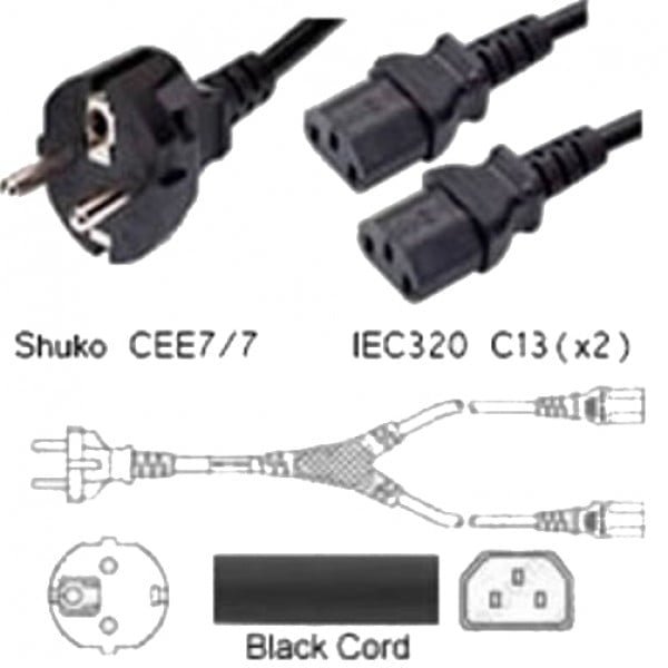 regvolt splitter power cord schuko cee7 7 male plug to 2 way iec 60320 c13 connector 1 meter 3 feet 10a 250v da7